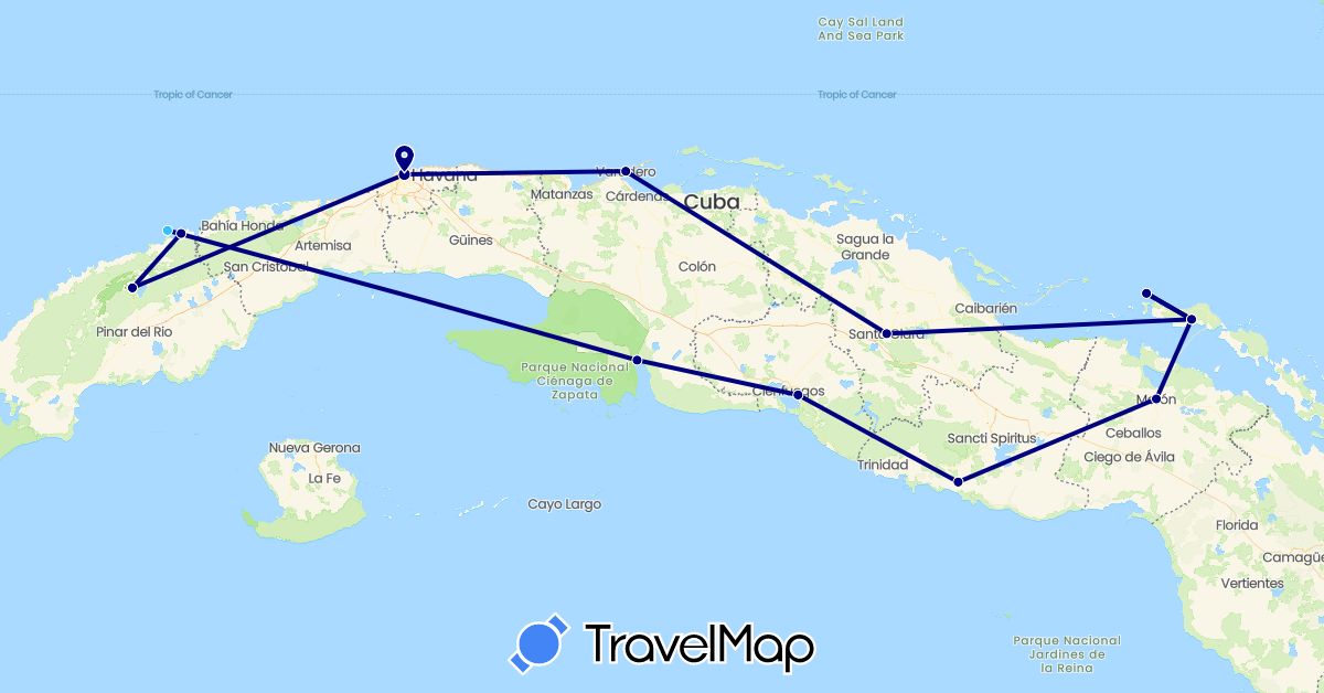 TravelMap itinerary: driving, boat in Cuba (North America)